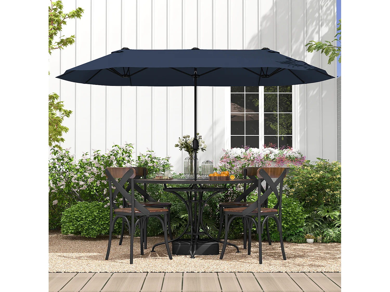 Parasol Double Jardin 396x201cm, manivelle, socle robuste, patio terrasse, bleu