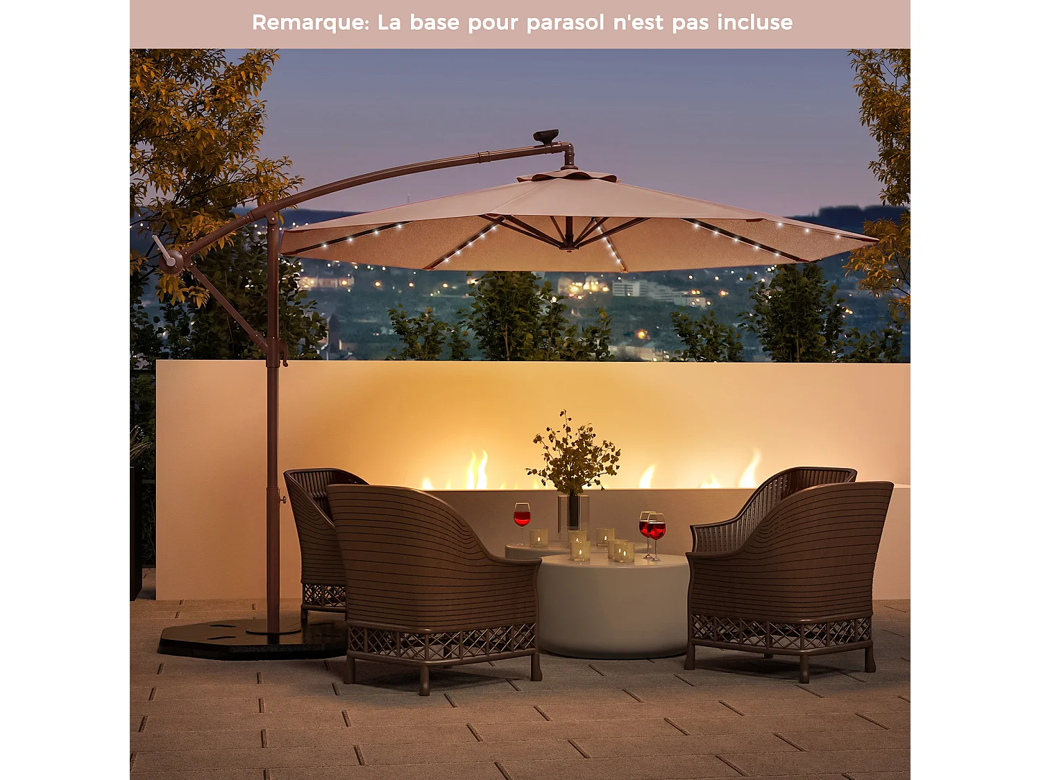 Parasol déporté 3m hexagonal, 40 LED, 8 baleines métal, base croisée, marron