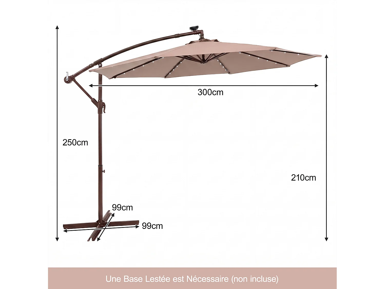 Parasol déporté 3m hexagonal, 40 LED, 8 baleines métal, base croisée, marron