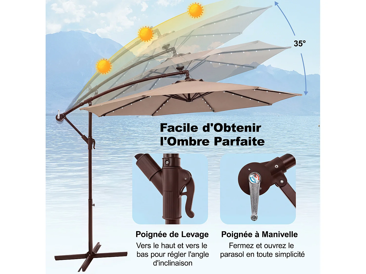 Parasol déporté 3m hexagonal, 40 LED, 8 baleines métal, base croisée, marron