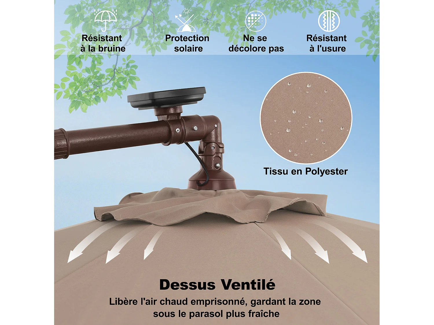Parasol déporté 3m hexagonal, 40 LED, 8 baleines métal, base croisée, marron