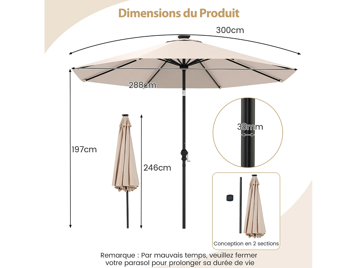 Parasol Patio 3m solaire, 96 LED 9 modes, manivelle, inclinable, beige