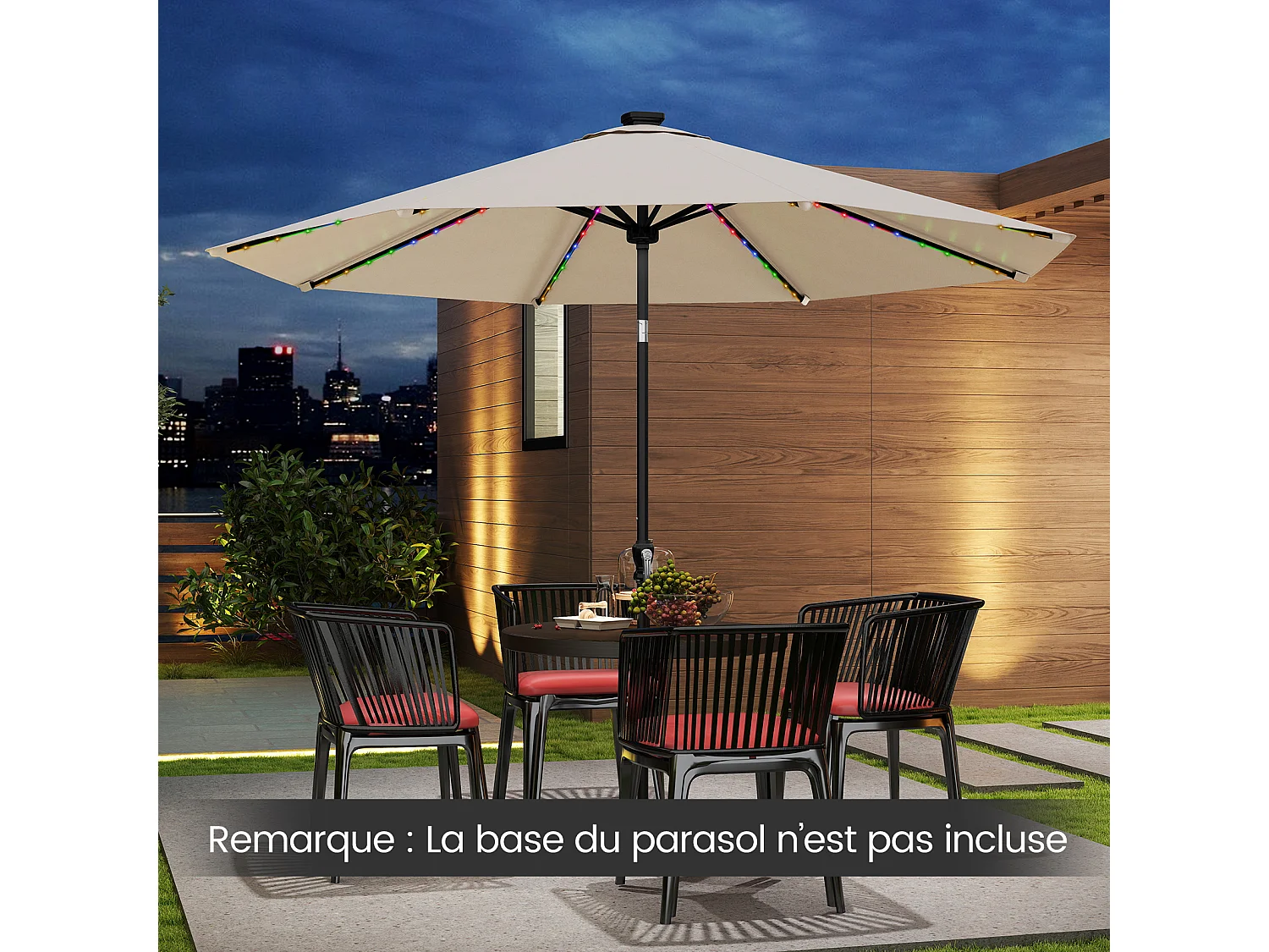 Parasol Patio 3m solaire, 96 LED 9 modes, manivelle, inclinable, beige