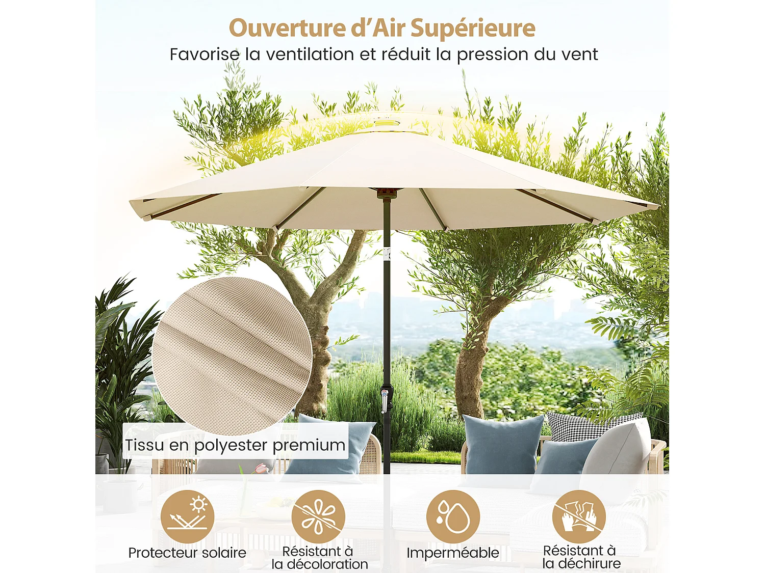 Parasol Patio 3m solaire, 96 LED 9 modes, manivelle, inclinable, beige