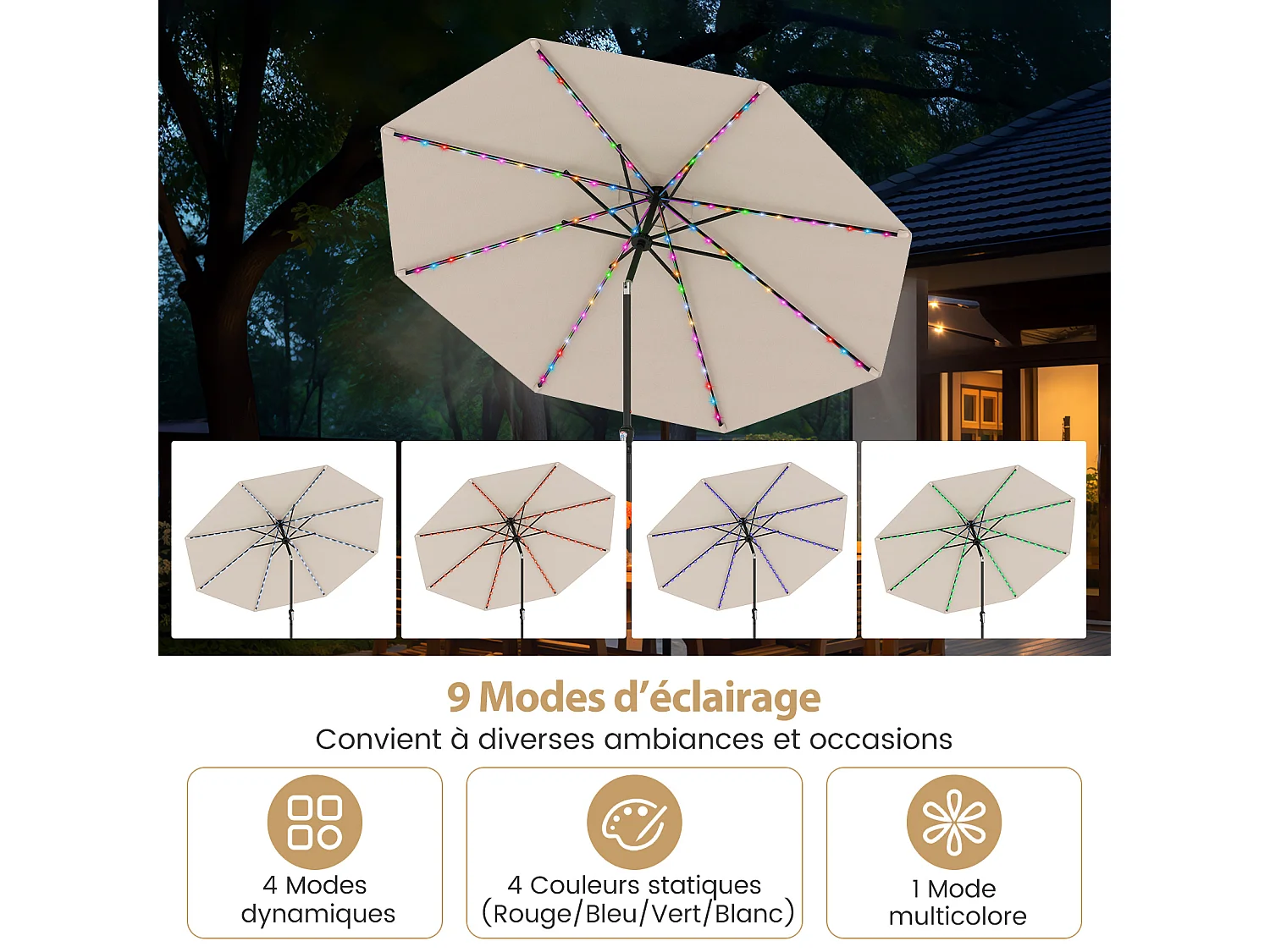 Parasol Patio 3m solaire, 96 LED 9 modes, manivelle, inclinable, beige
