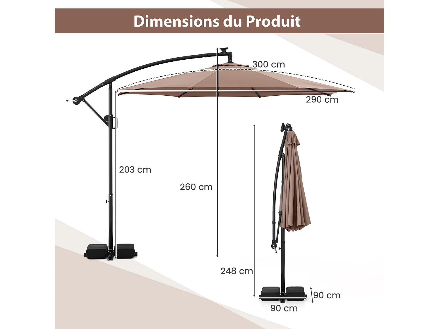 Parasol Déporté 3m base, LED 9 modes, rotation 360°, manivelle, marron