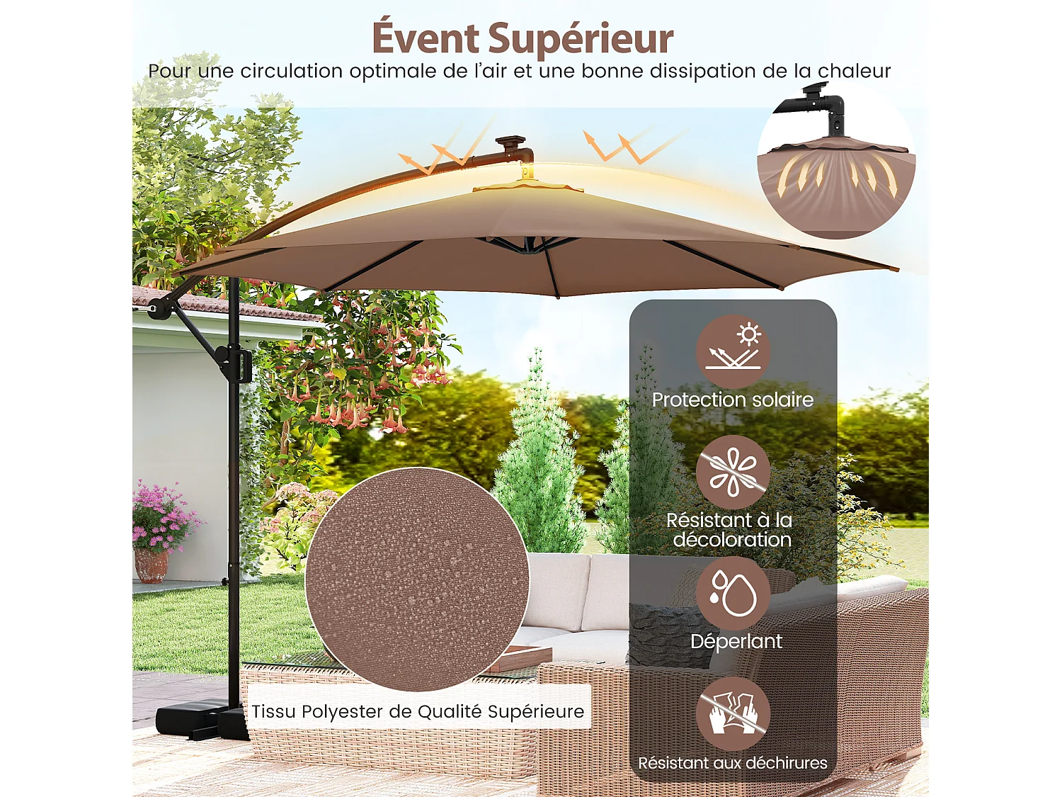 Parasol Déporté 3m base, LED 9 modes, rotation 360°, manivelle, marron