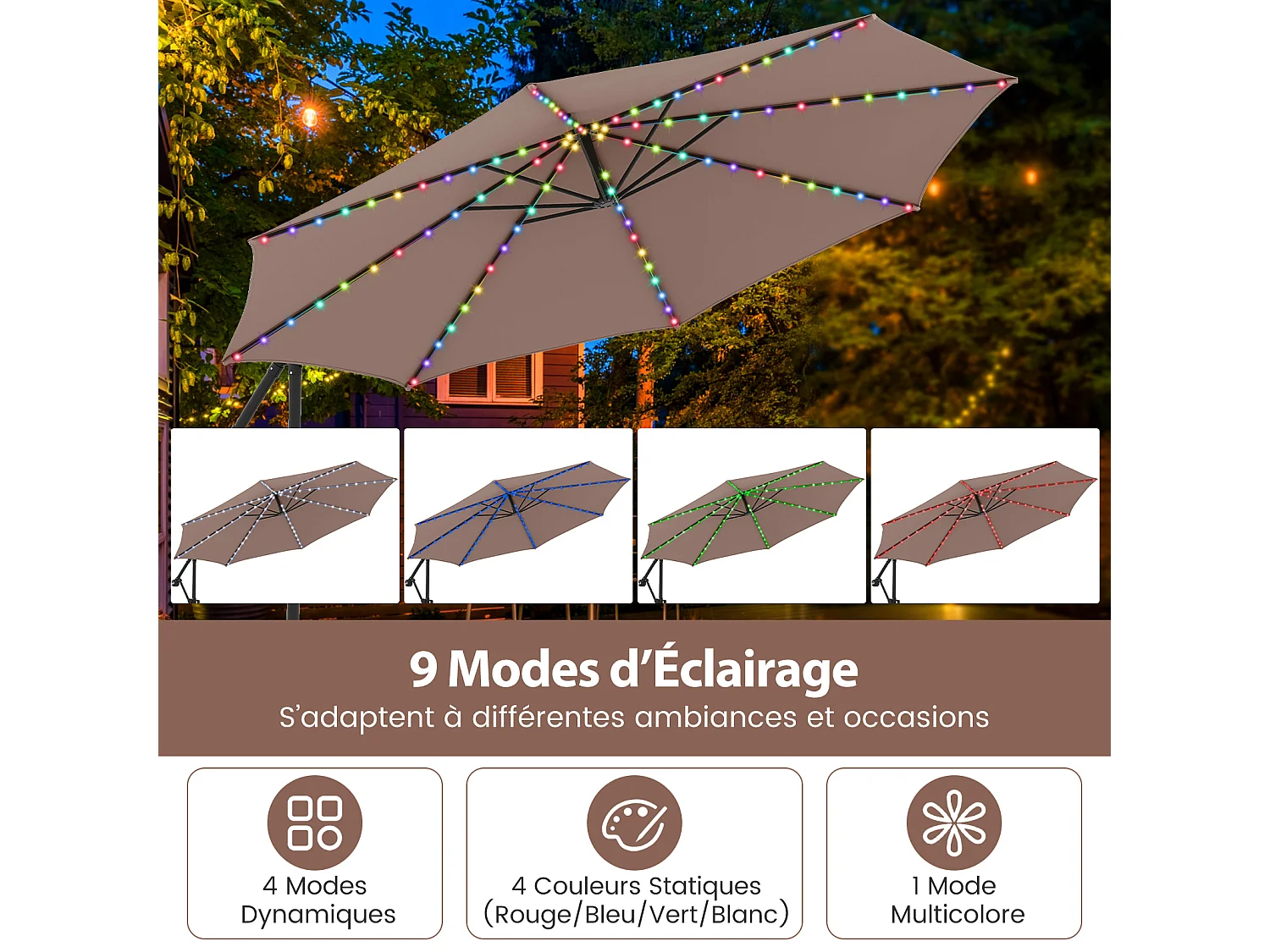 Parasol Déporté 3m base, LED 9 modes, rotation 360°, manivelle, marron