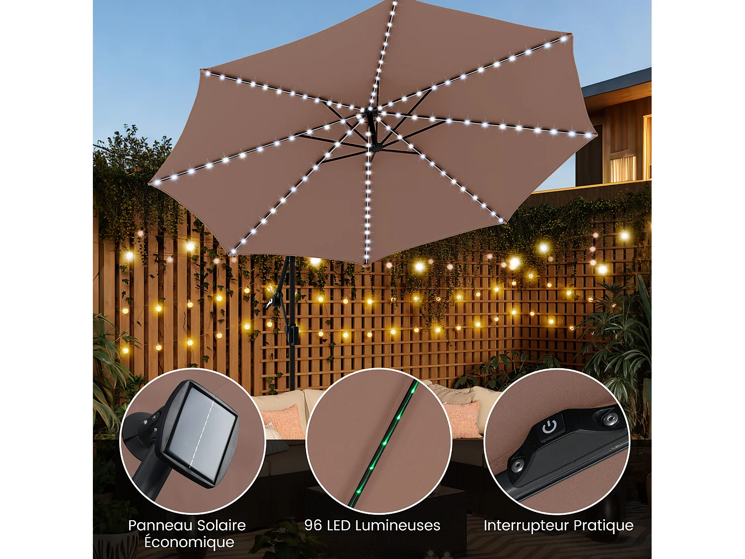Parasol Déporté 3m base, LED 9 modes, rotation 360°, manivelle, marron