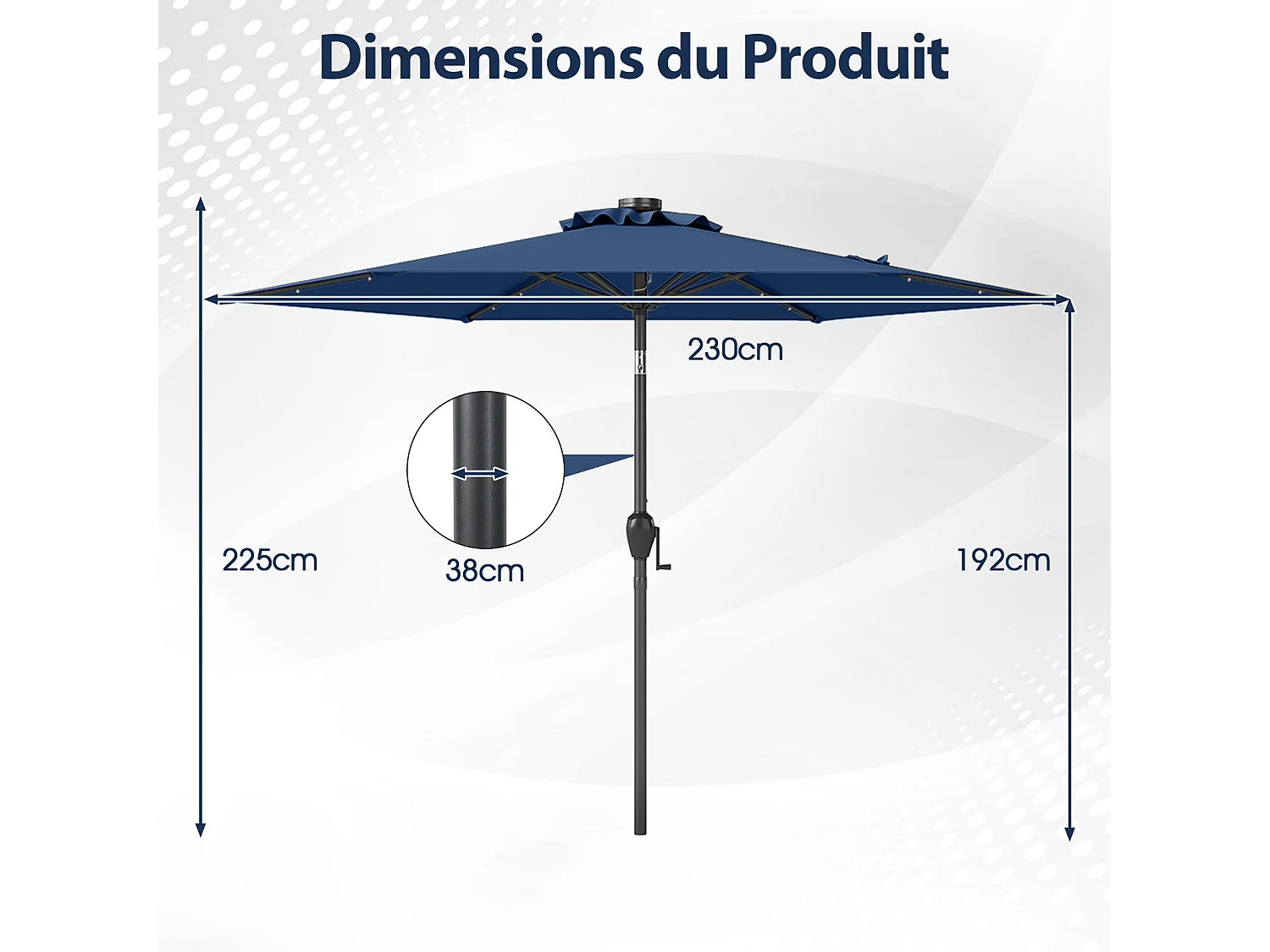 Parasol Terrasse 230cm,LED Solaire,Inclinaison,Bouton‑Poussoir,Manivelle,Bleu