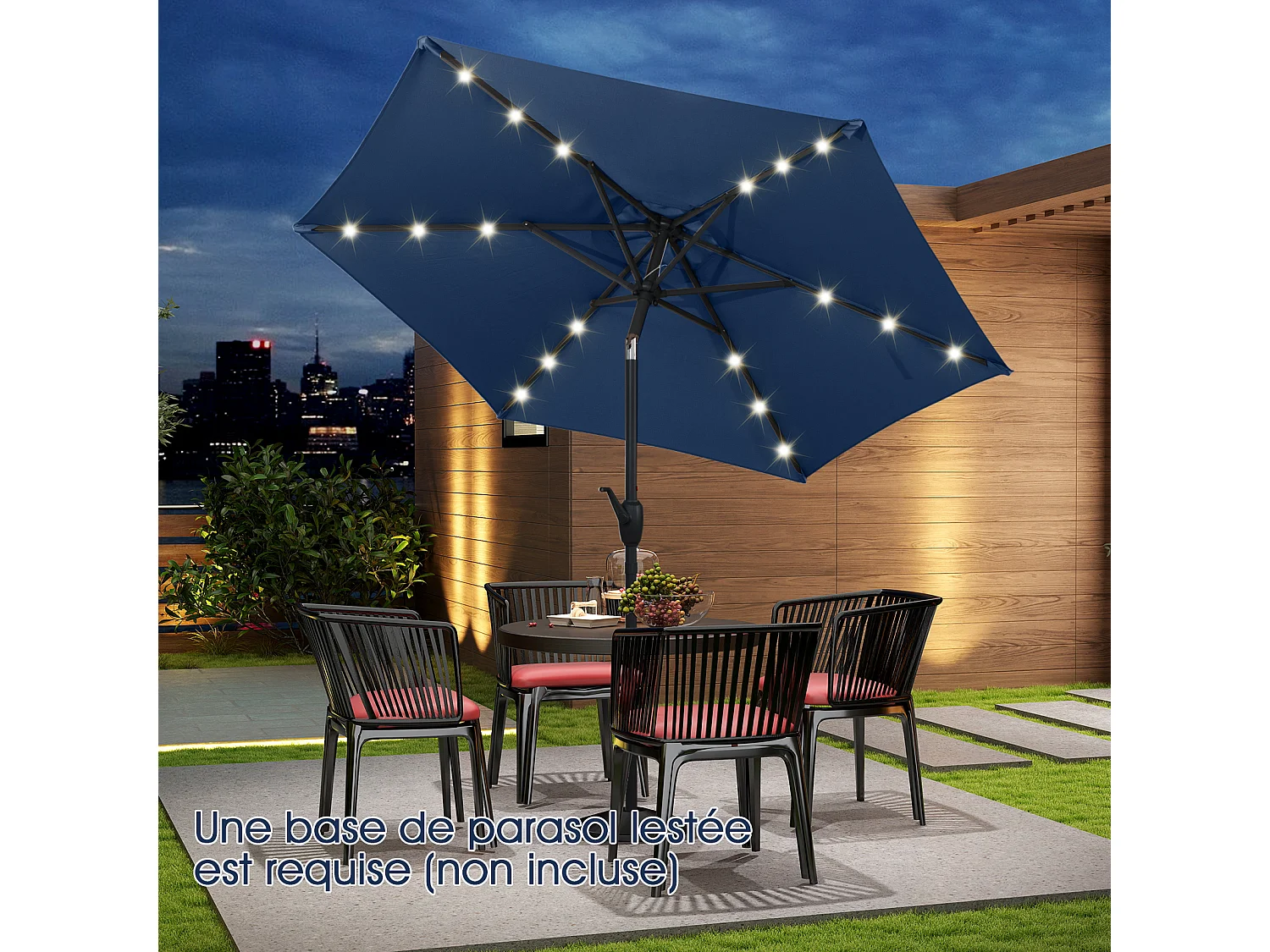 Parasol Terrasse 230cm,LED Solaire,Inclinaison,Bouton‑Poussoir,Manivelle,Bleu