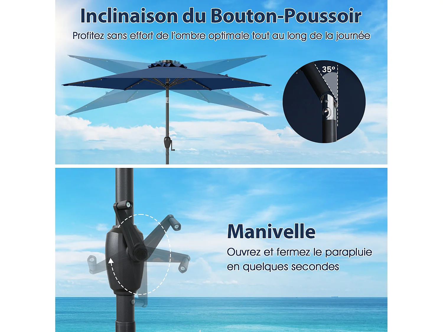 Parasol Terrasse 230cm,LED Solaire,Inclinaison,Bouton‑Poussoir,Manivelle,Bleu
