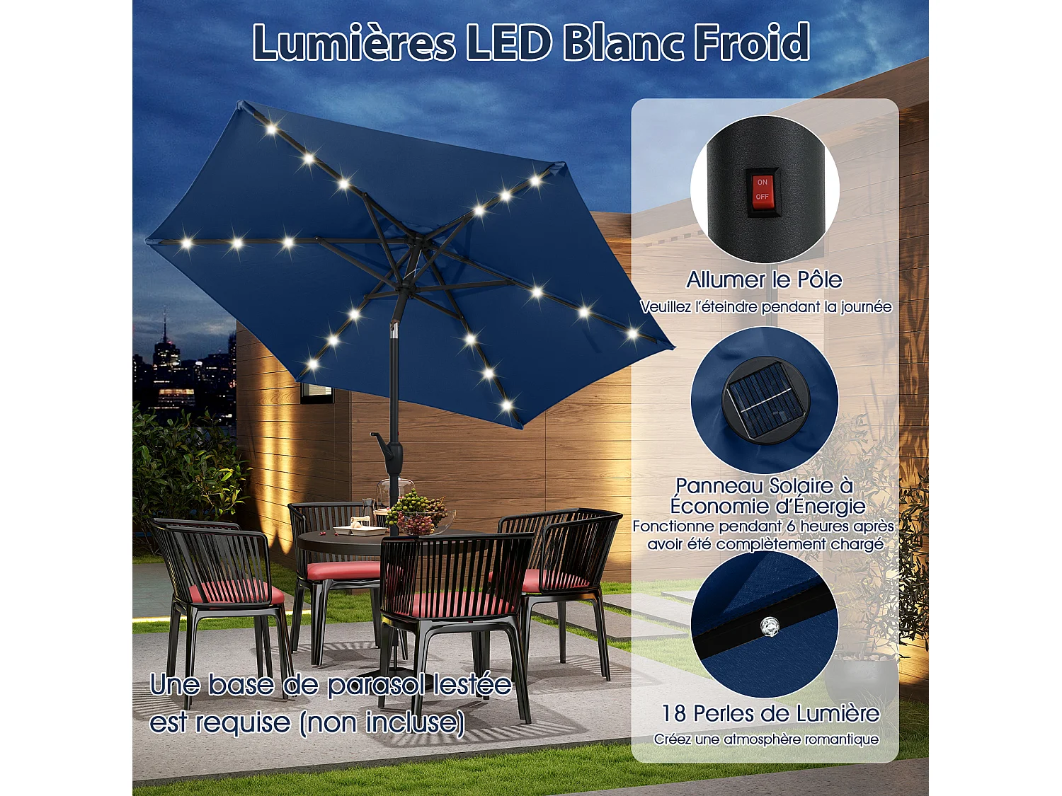 Parasol Terrasse 230cm,LED Solaire,Inclinaison,Bouton‑Poussoir,Manivelle,Bleu