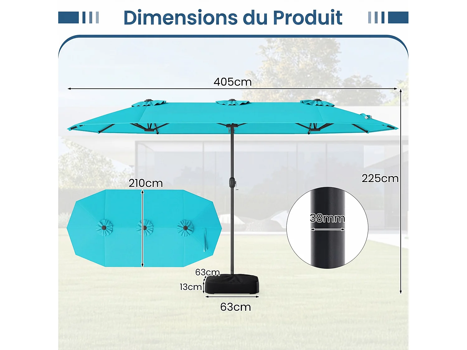 Double parasol terrasse 400cm, lampes solaires, manivelle, base fournie, turquoise