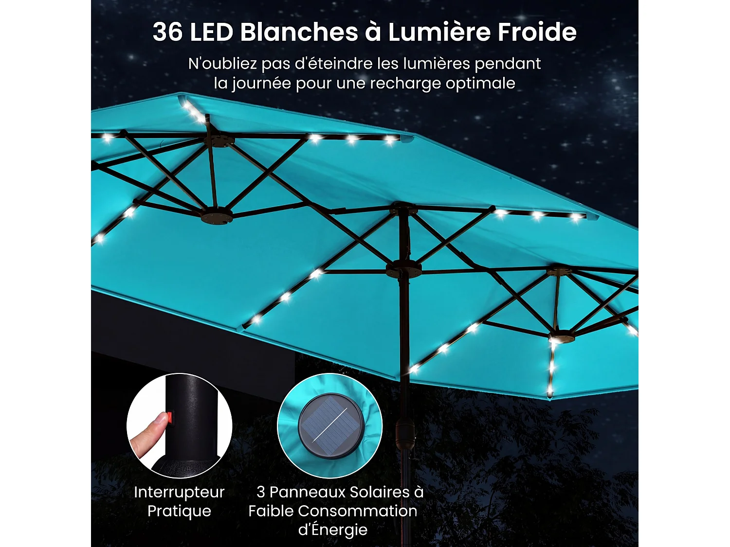 Double parasol terrasse 400cm, lampes solaires, manivelle, base fournie, turquoise