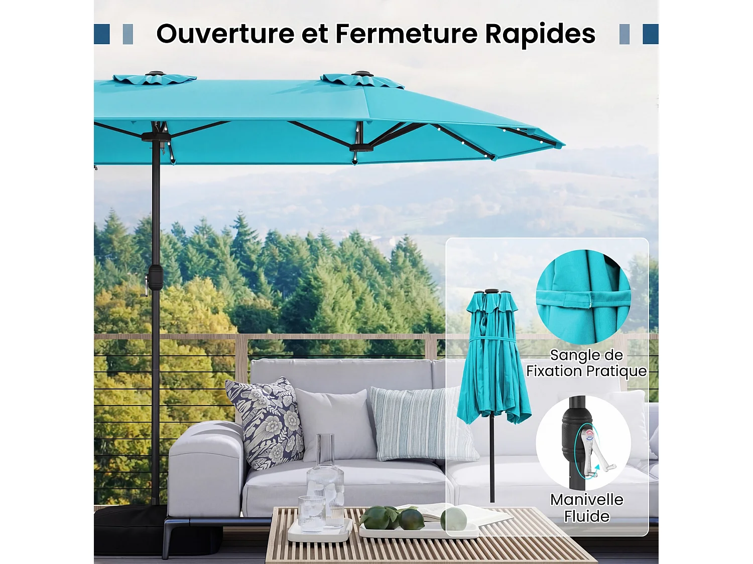 Double parasol terrasse 400cm, lampes solaires, manivelle, base fournie, turquoise
