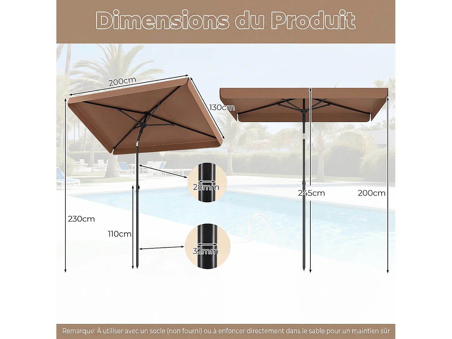 Parasol Plage 200x130CM Rectangulaire, Inclinable 30°, Métal, Sac Transport, Marron