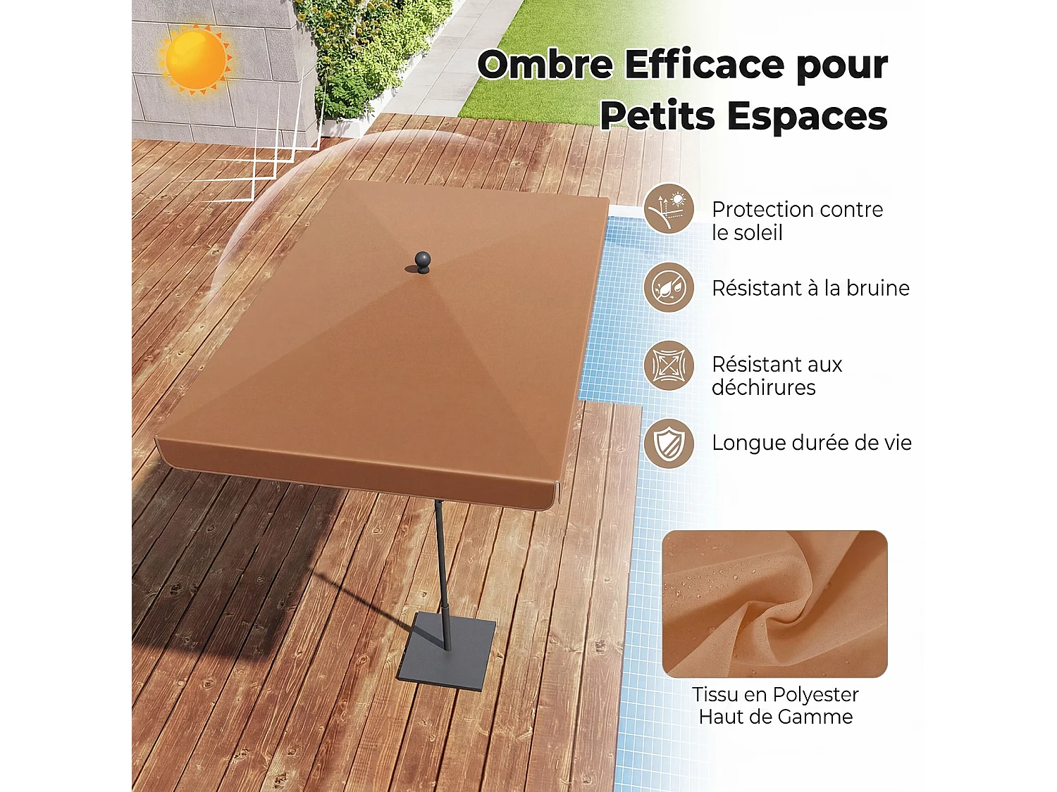 Parasol Plage 200x130CM Rectangulaire, Inclinable 30°, Métal, Sac Transport, Marron