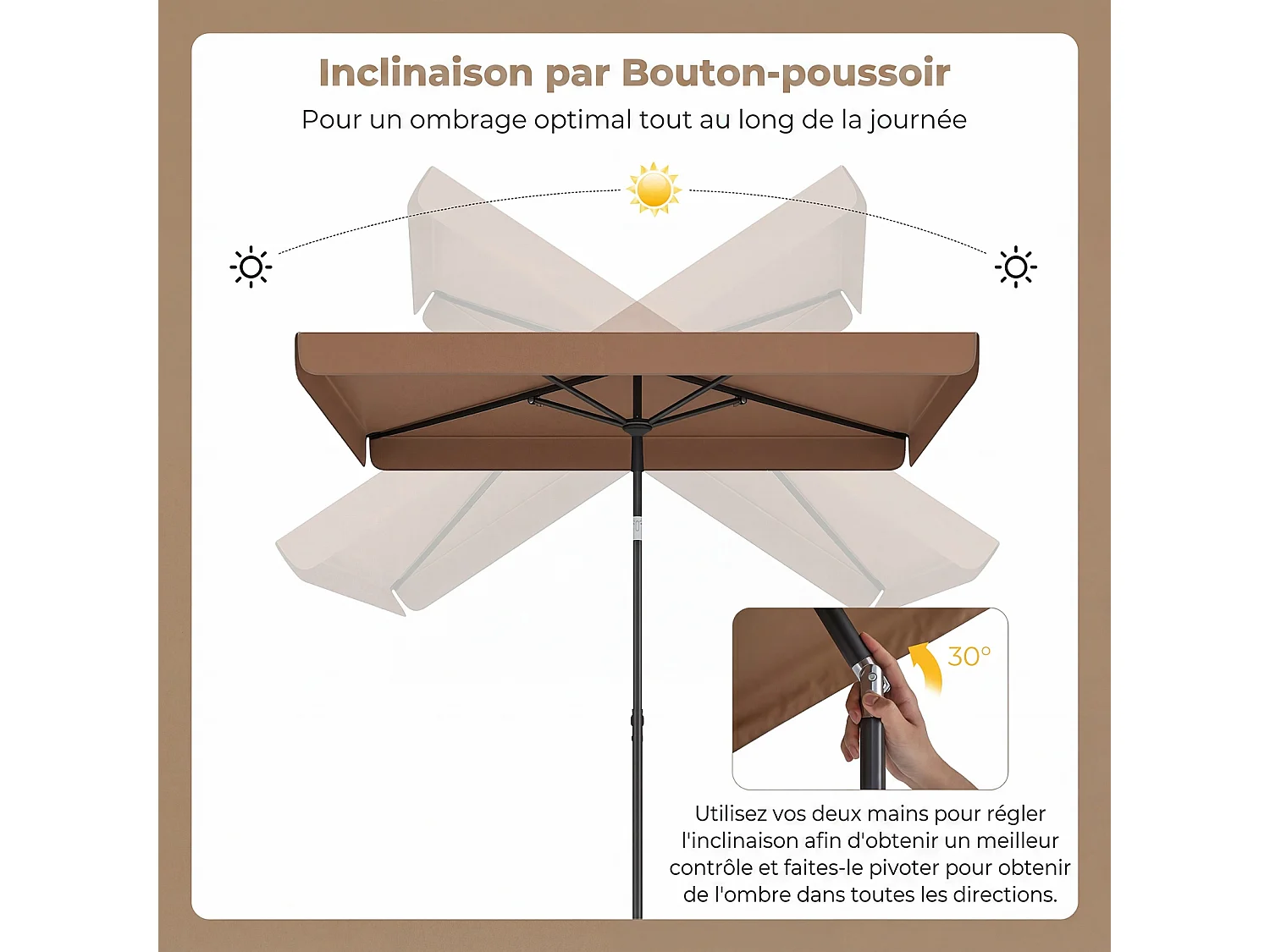 Parasol Plage 200x130CM Rectangulaire, Inclinable 30°, Métal, Sac Transport, Marron
