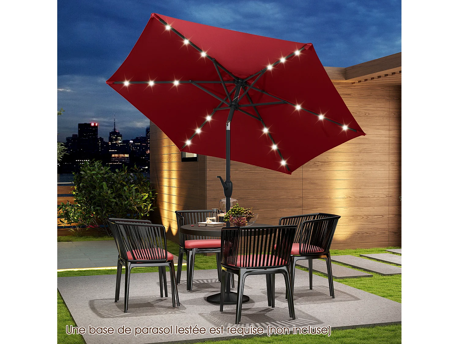 Parasol terrasse 230cm, LED, inclinable, manivelle, toit ventilé, rouge