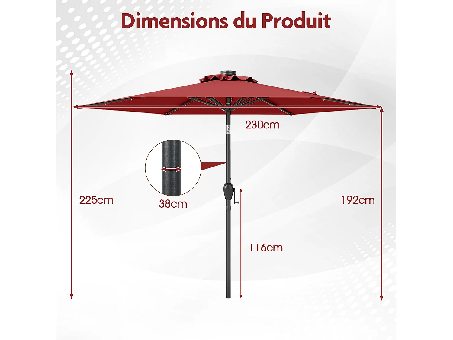 Parasol terrasse 230cm, LED, inclinable, manivelle, toit ventilé, rouge