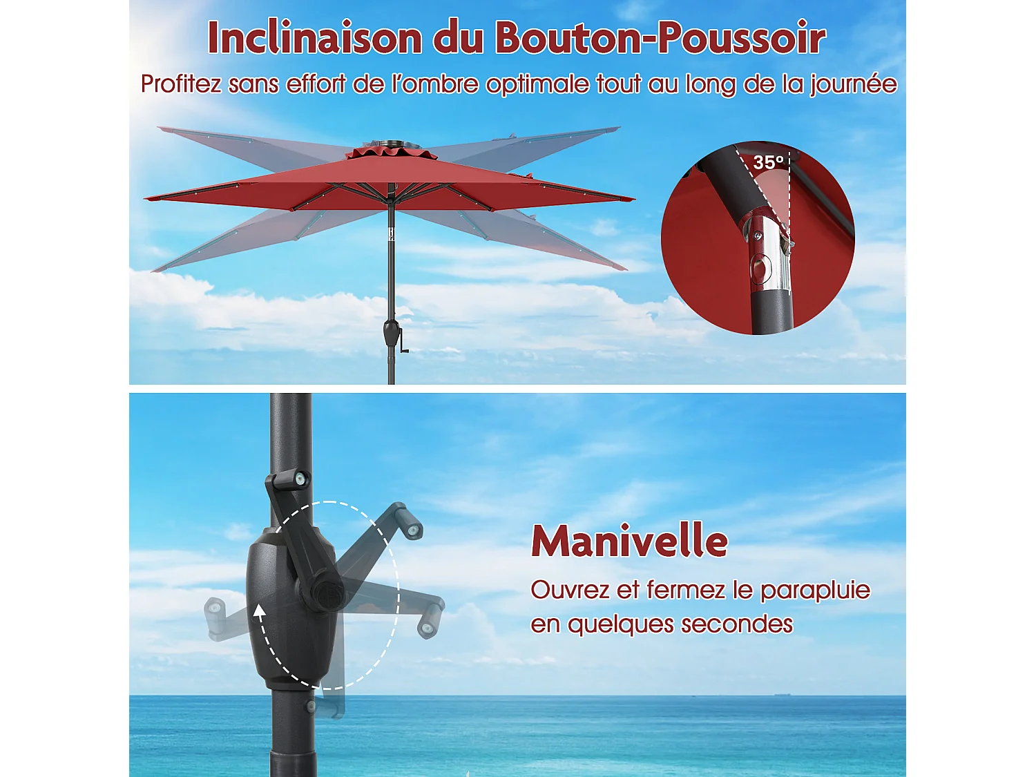Parasol terrasse 230cm, LED, inclinable, manivelle, toit ventilé, rouge