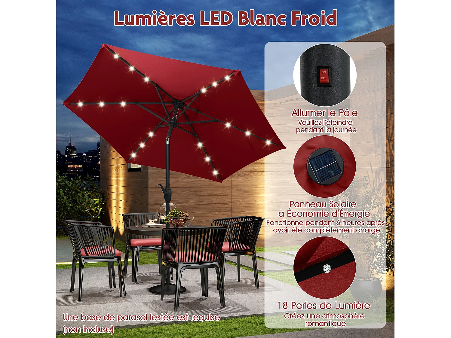 Parasol terrasse 230cm, LED, inclinable, manivelle, toit ventilé, rouge
