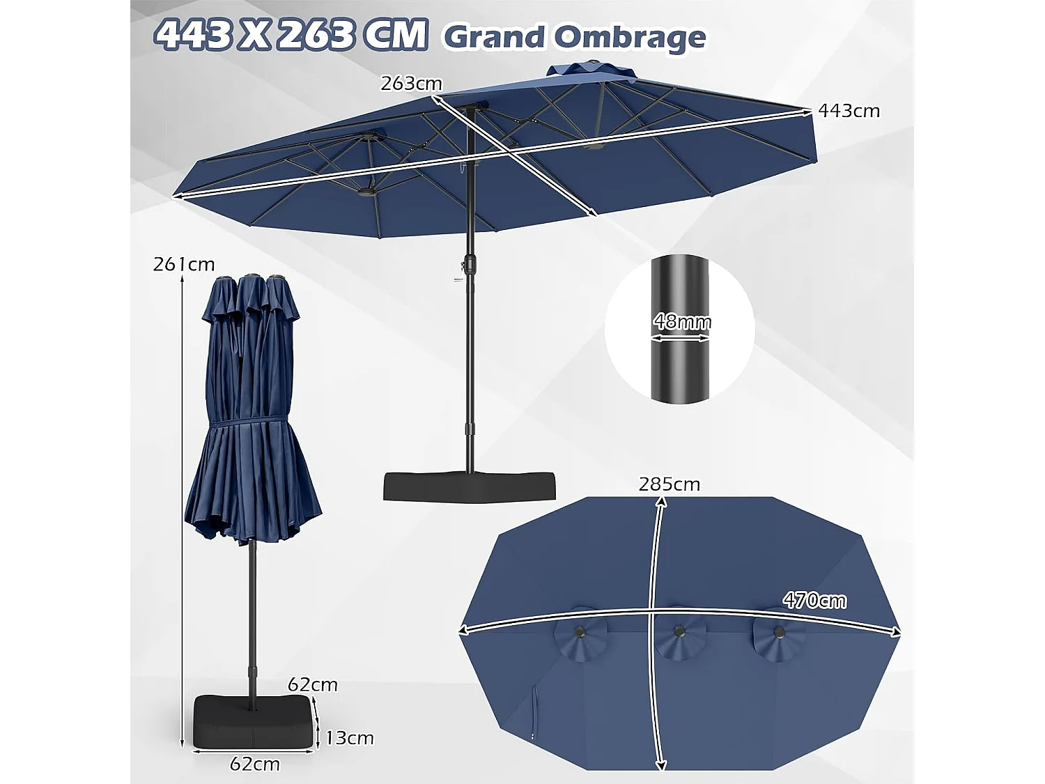 Parasol Double 470×285cm Rectangulaire,12 Baleines,Manivelle,Base,Bleu Marine