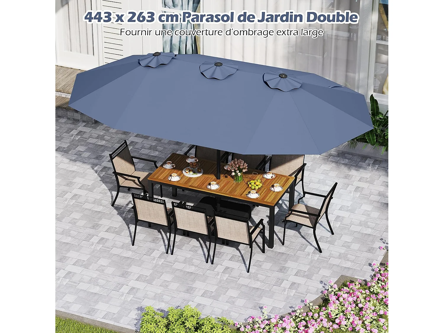 Parasol Double 470×285cm Rectangulaire,12 Baleines,Manivelle,Base,Bleu Marine