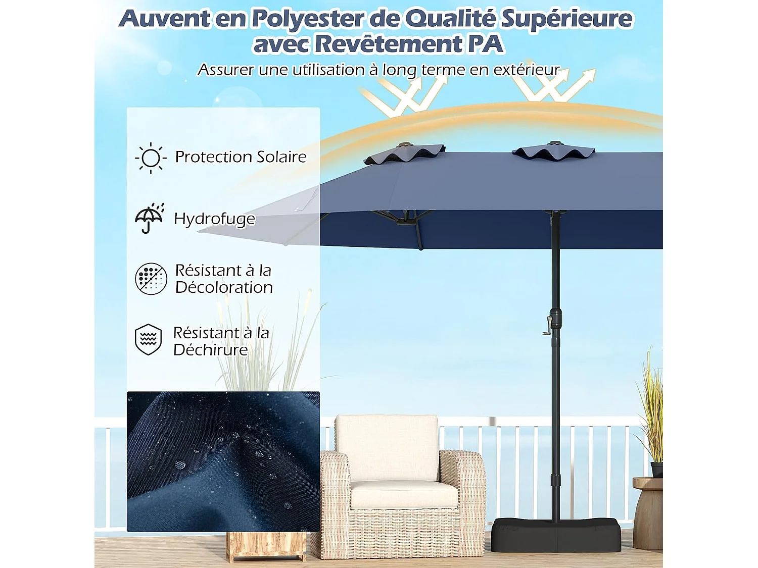 Parasol Double 470×285cm Rectangulaire,12 Baleines,Manivelle,Base,Bleu Marine