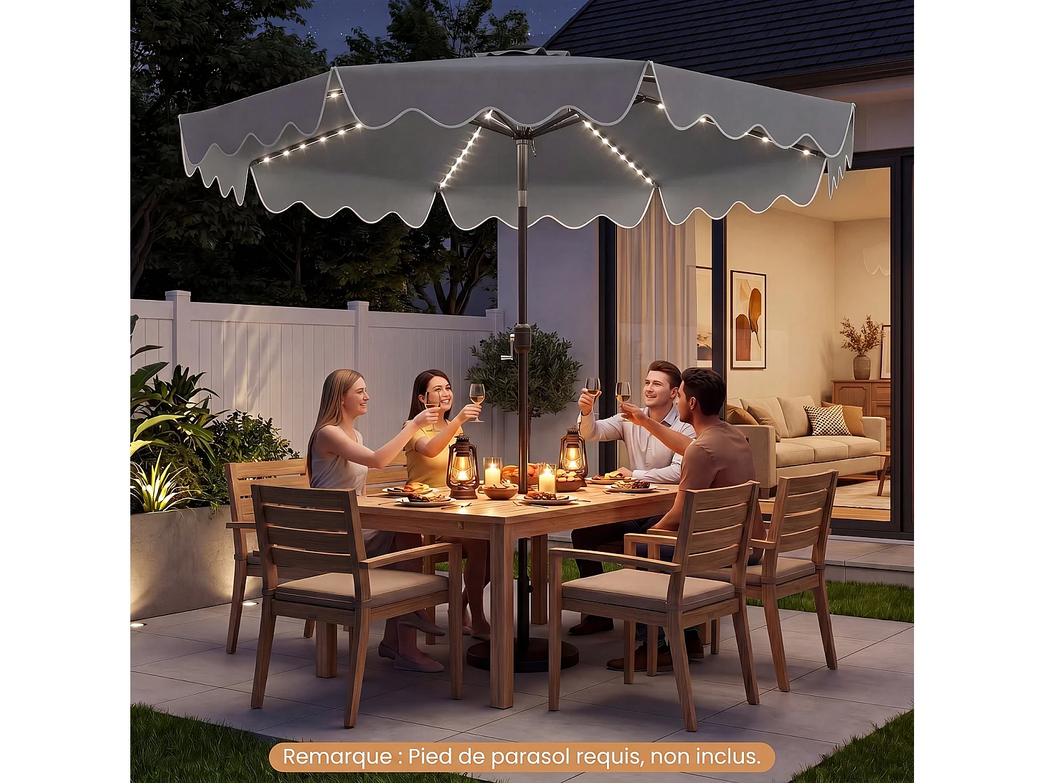 Parasol jardin 2,7m solaire LED multicolores, 8 baleines, manivelle, gris