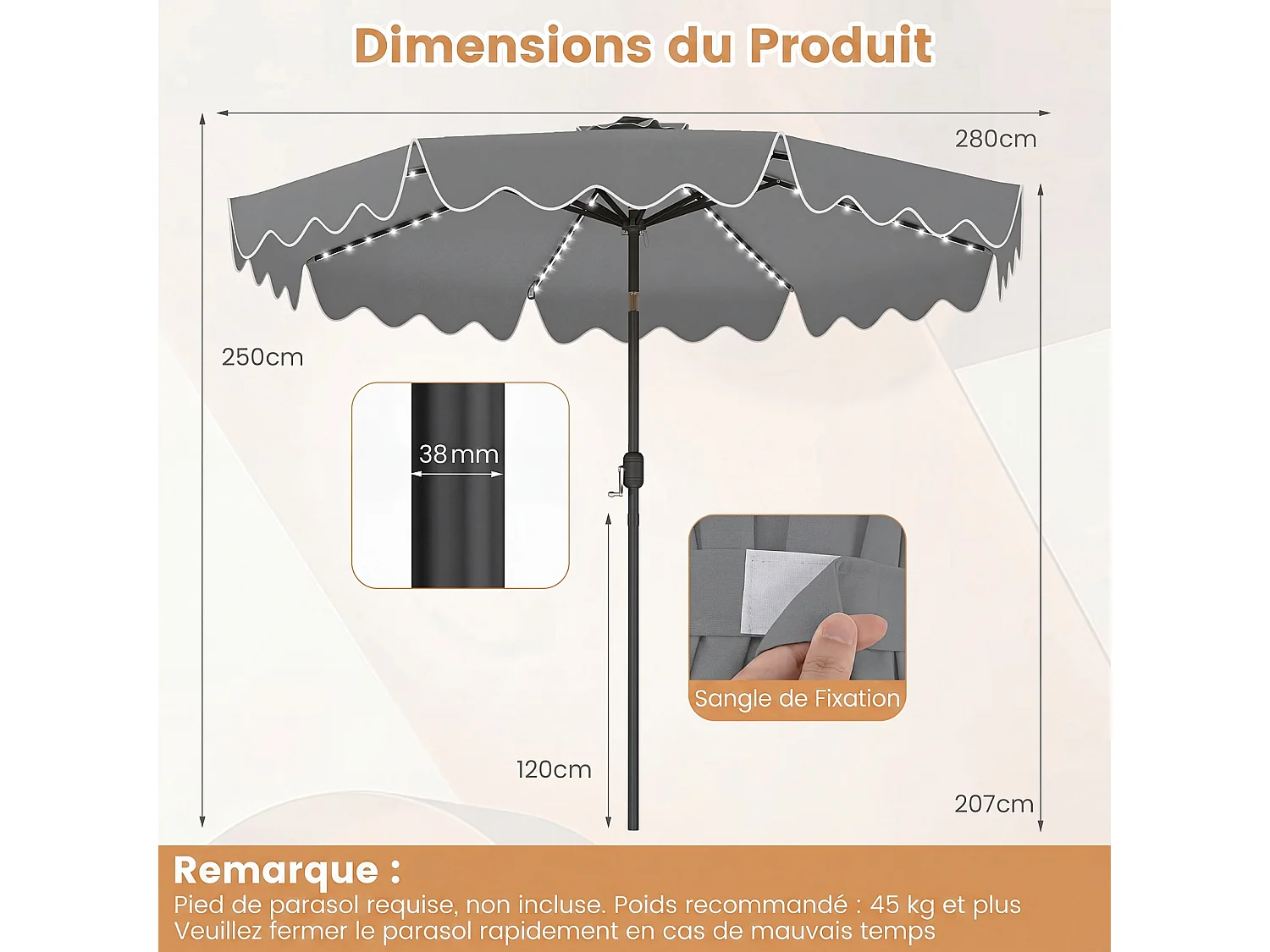 Parasol jardin 2,7m solaire LED multicolores, 8 baleines, manivelle, gris