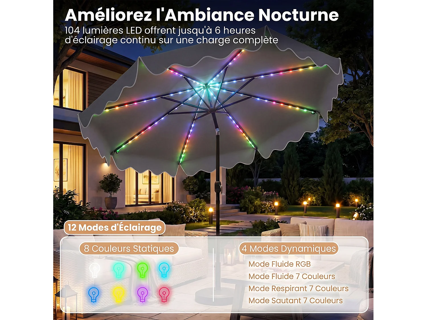 Parasol jardin 2,7m solaire LED multicolores, 8 baleines, manivelle, gris