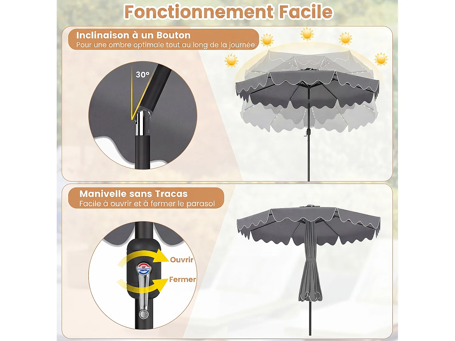 Parasol jardin 2,7m solaire LED multicolores, 8 baleines, manivelle, gris