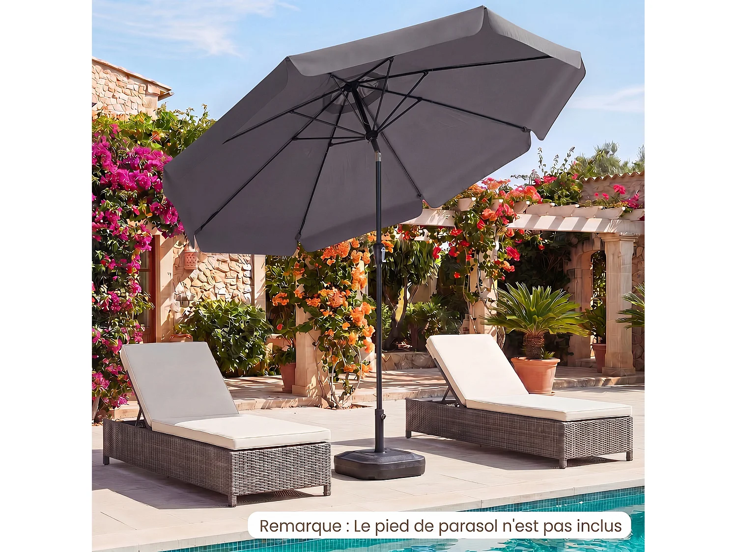 Parasol Jardin Poteau Hêtre, Inclinable 30°, 8 Baleines Fibre Verre, Bord Festonné, Gris