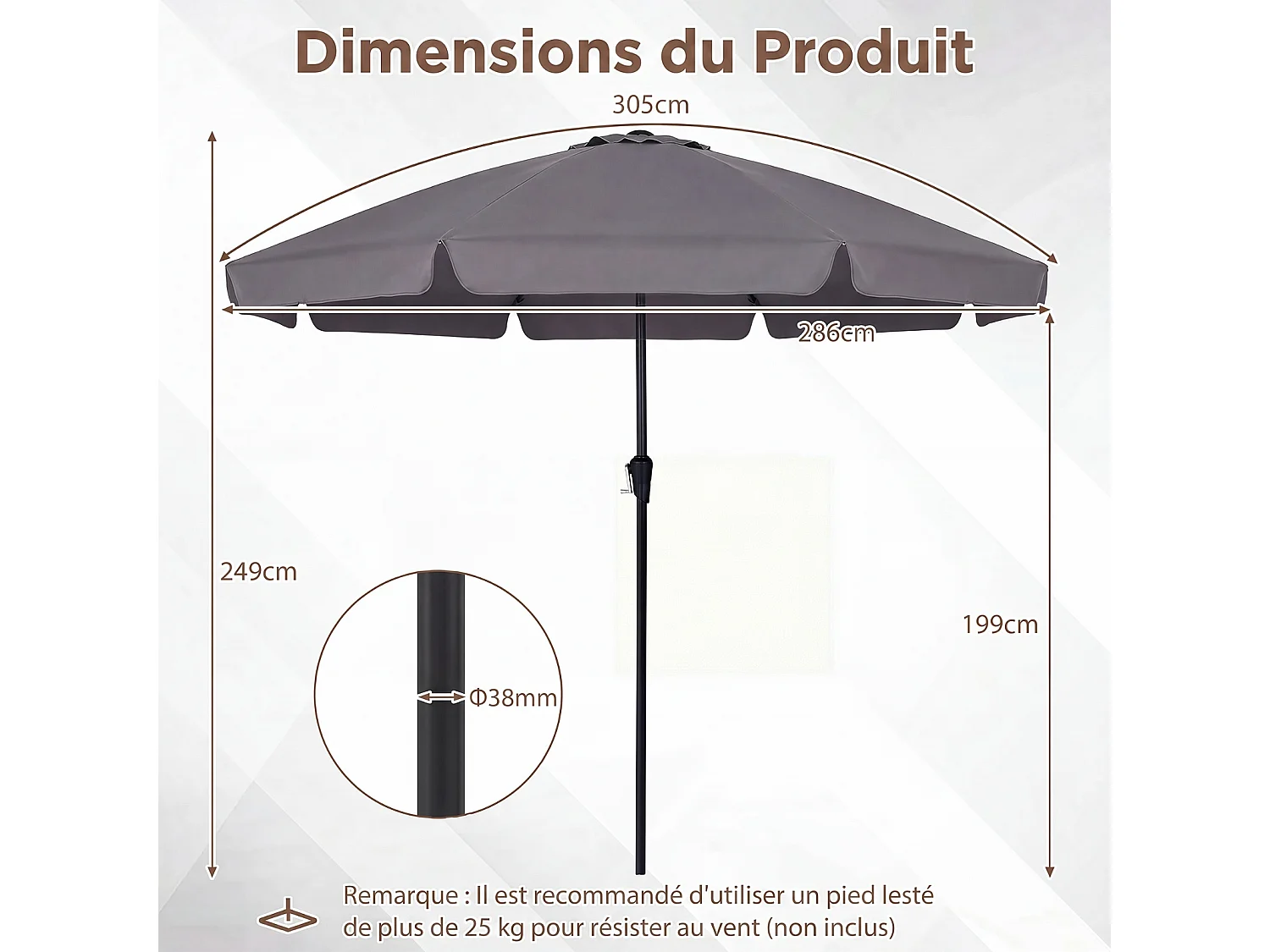 Parasol Jardin Poteau Hêtre, Inclinable 30°, 8 Baleines Fibre Verre, Bord Festonné, Gris