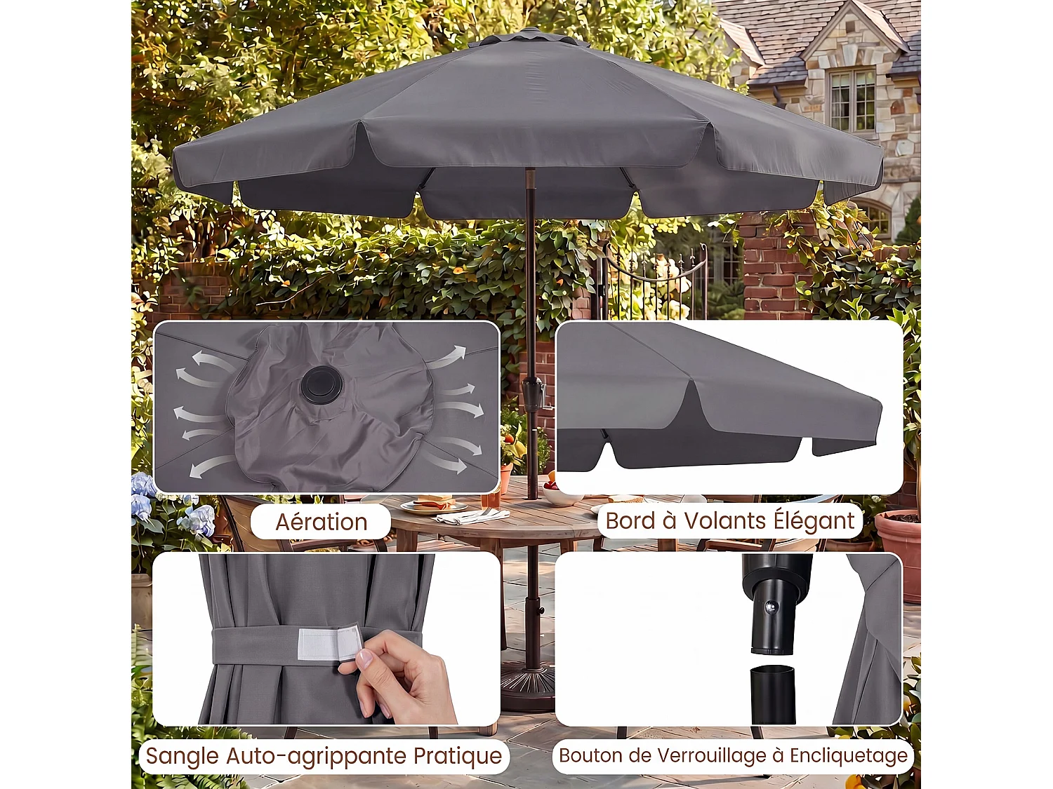 Parasol Jardin Poteau Hêtre, Inclinable 30°, 8 Baleines Fibre Verre, Bord Festonné, Gris