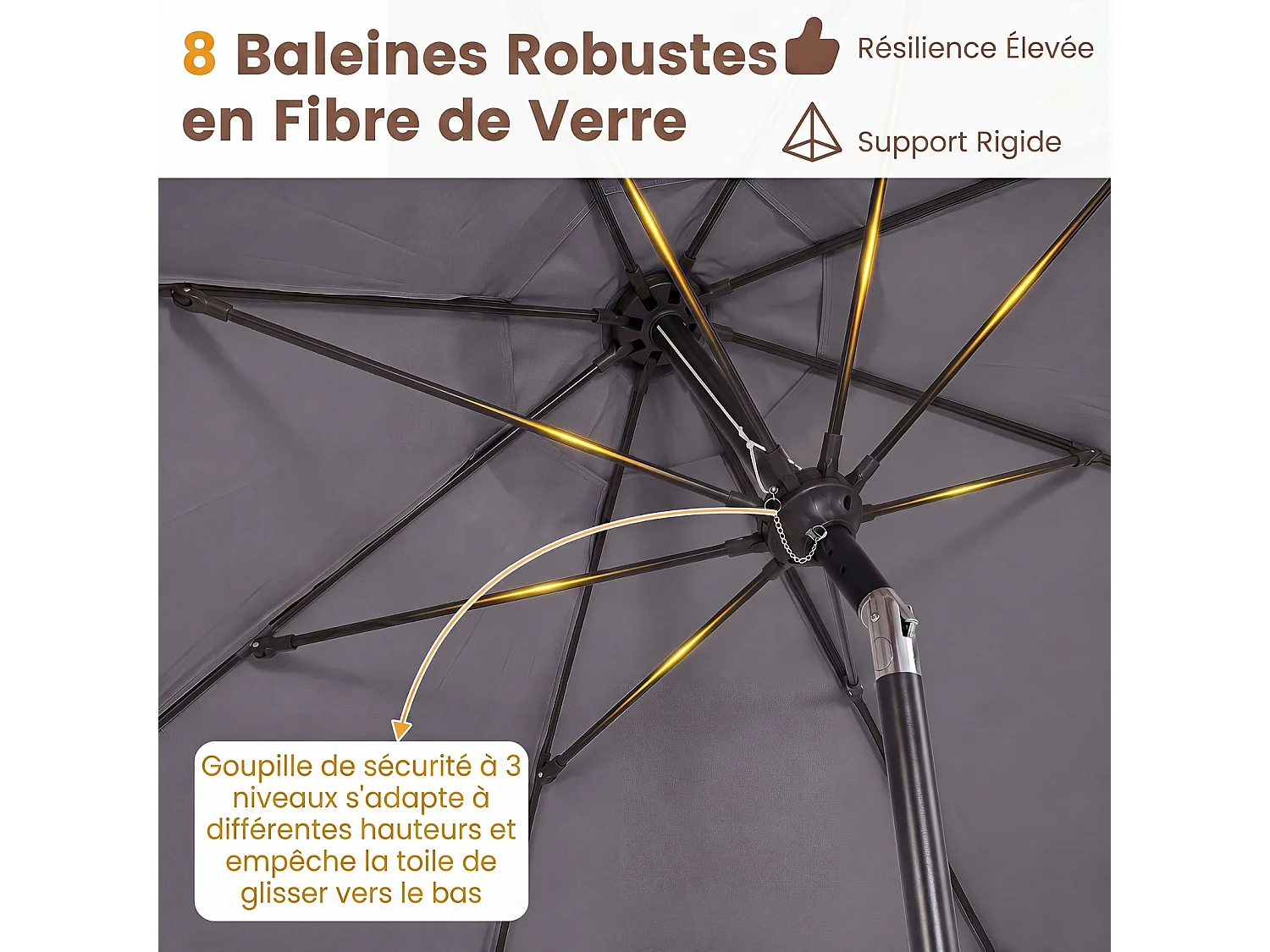 Parasol Jardin Poteau Hêtre, Inclinable 30°, 8 Baleines Fibre Verre, Bord Festonné, Gris