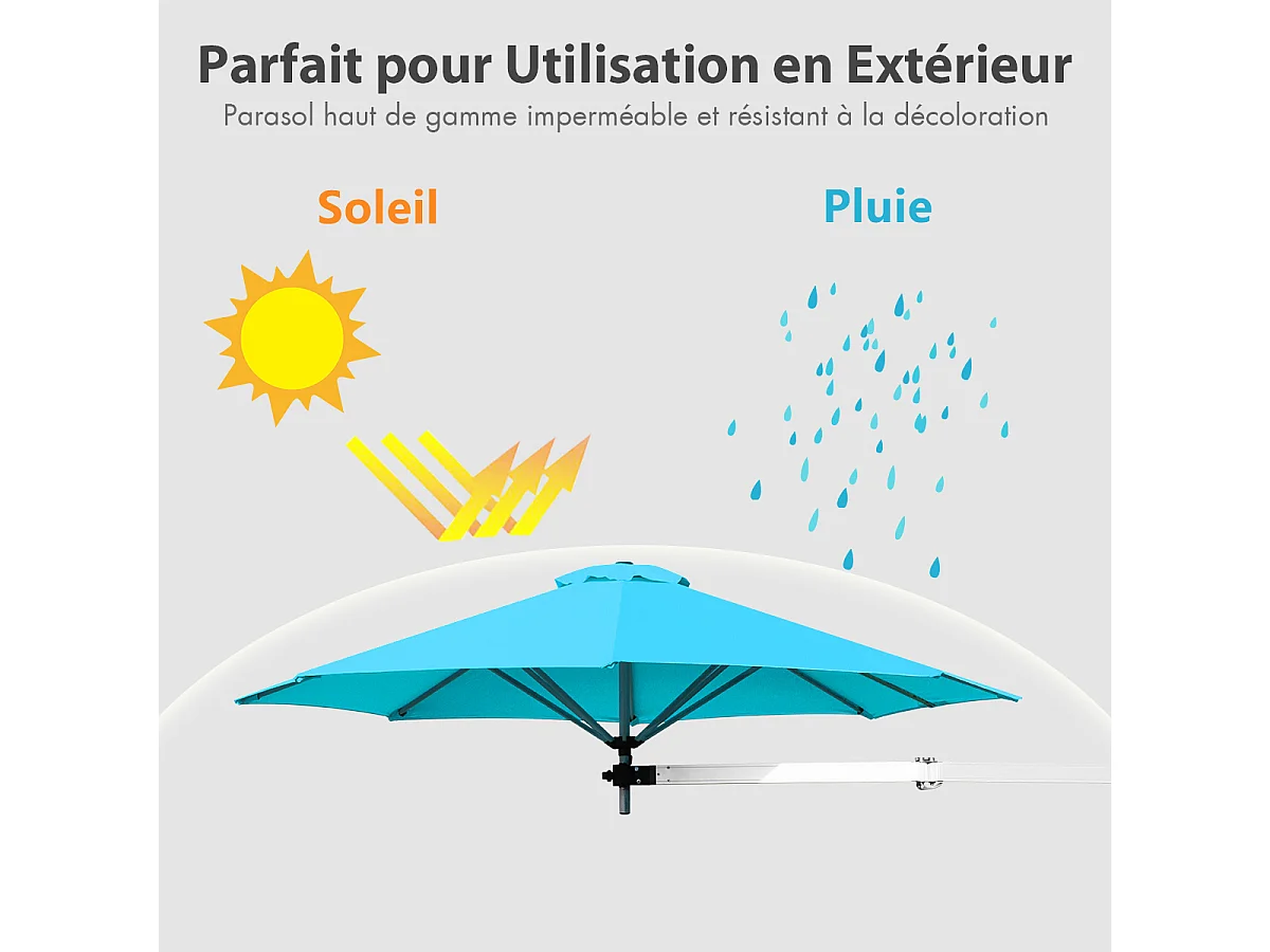 Parasol mural alu Ø250cm, balcon, mât réglable, bleu