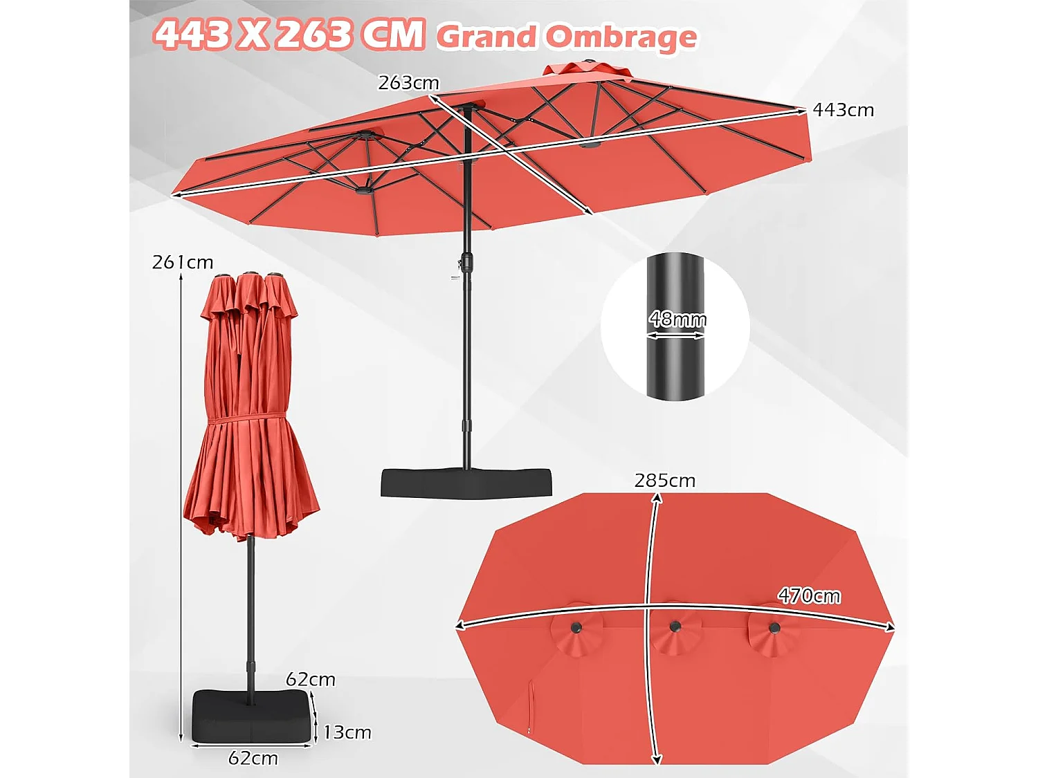 Parasol Double 470×285cm Rectangulaire,12 Baleines,Manivelle,Orange