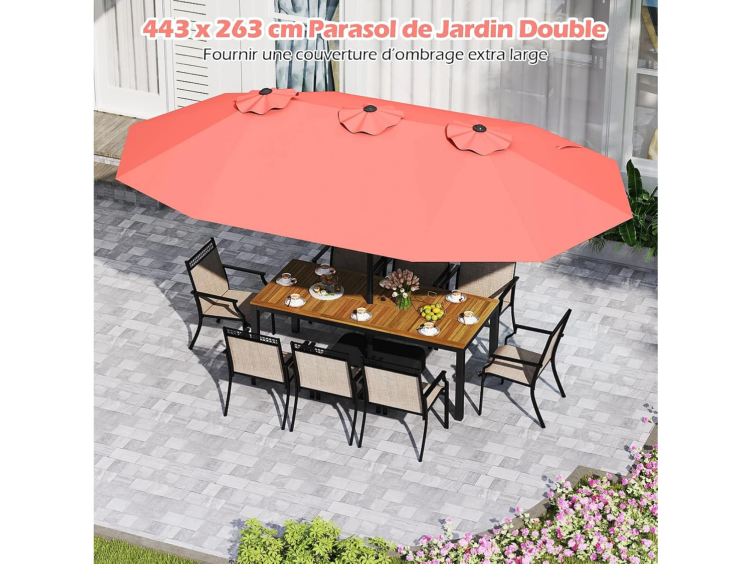 Parasol Double 470×285cm Rectangulaire,12 Baleines,Manivelle,Orange
