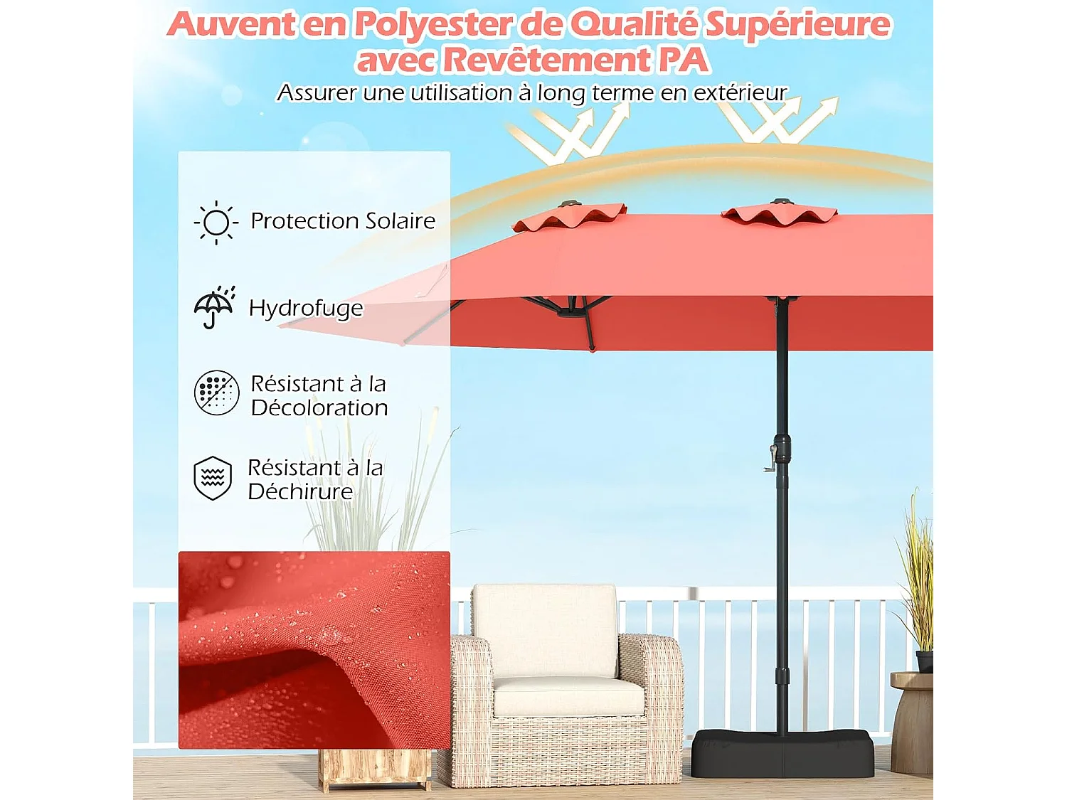 Parasol Double 470×285cm Rectangulaire,12 Baleines,Manivelle,Orange