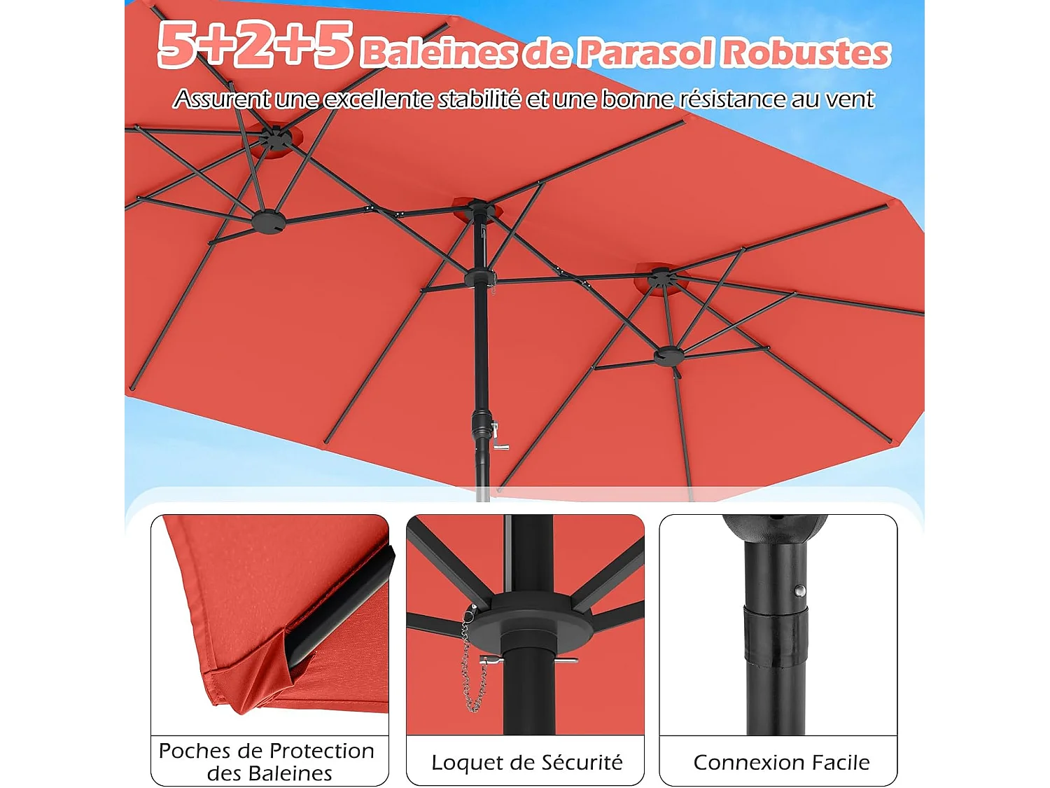 Parasol Double 470×285cm Rectangulaire,12 Baleines,Manivelle,Orange
