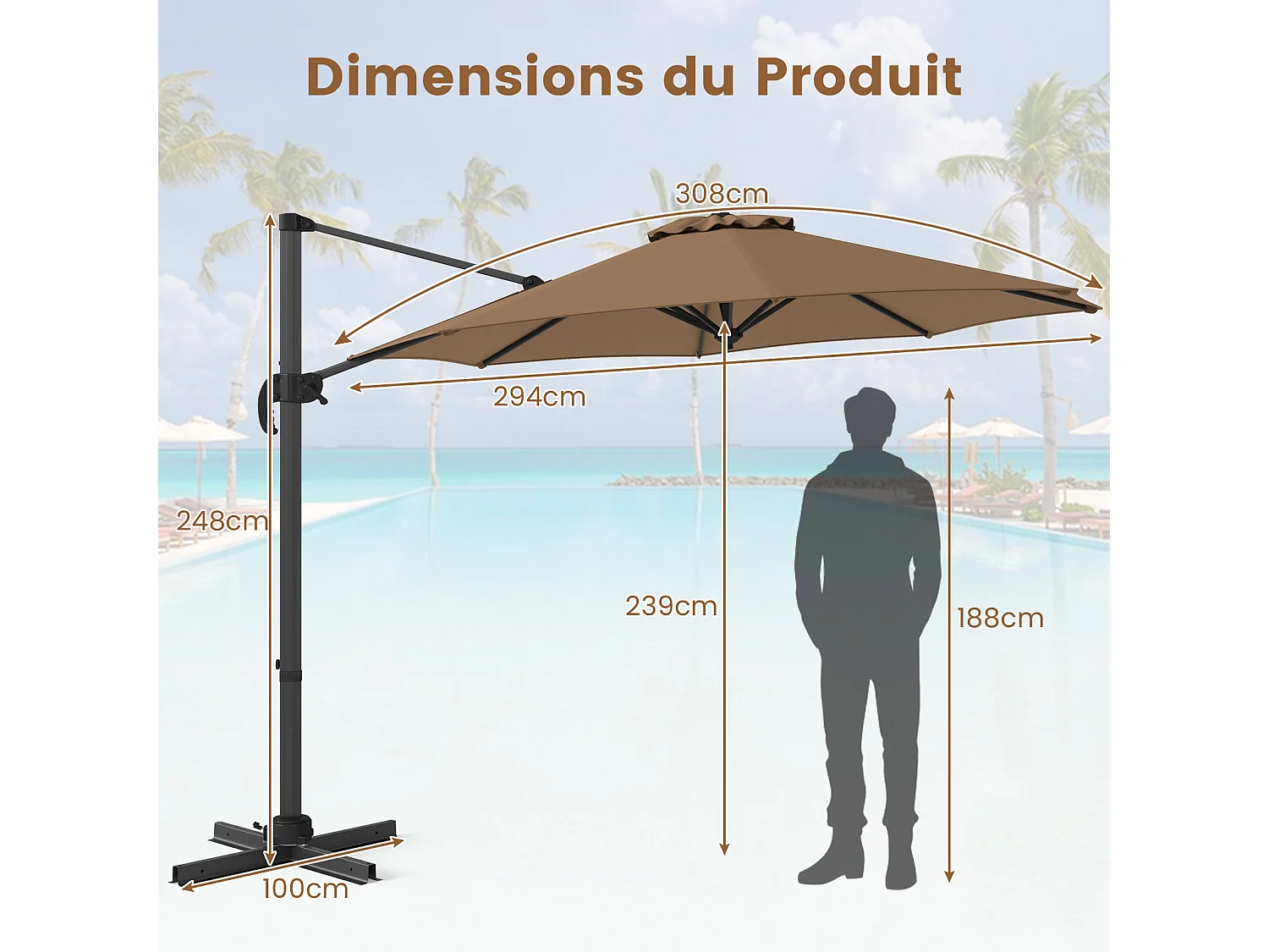 Parasol Terrasse 294x247cm, rotation 360°, base croisée, 8 baleines, manivelle, marron