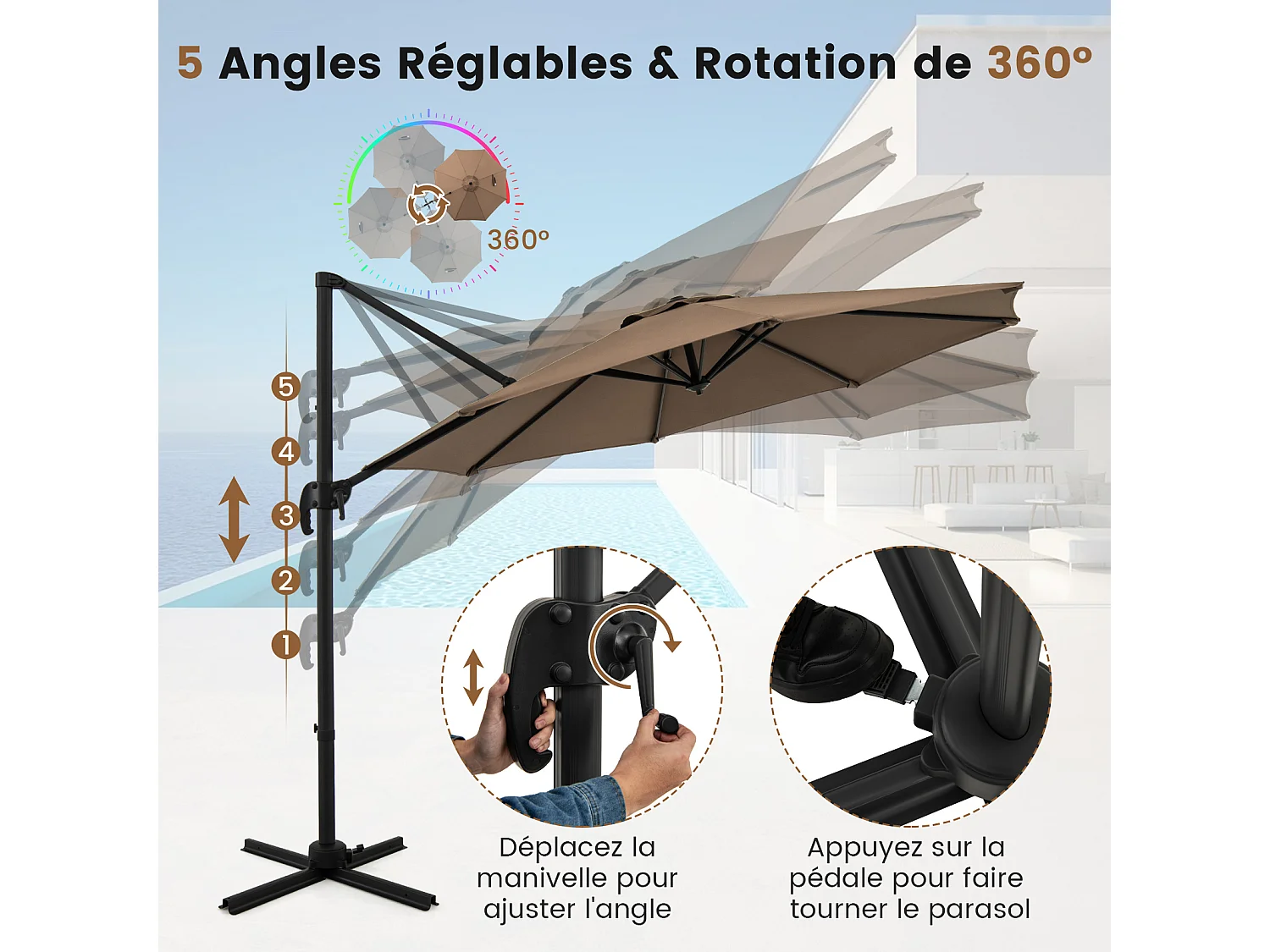Parasol Terrasse 294x247cm, rotation 360°, base croisée, 8 baleines, manivelle, marron
