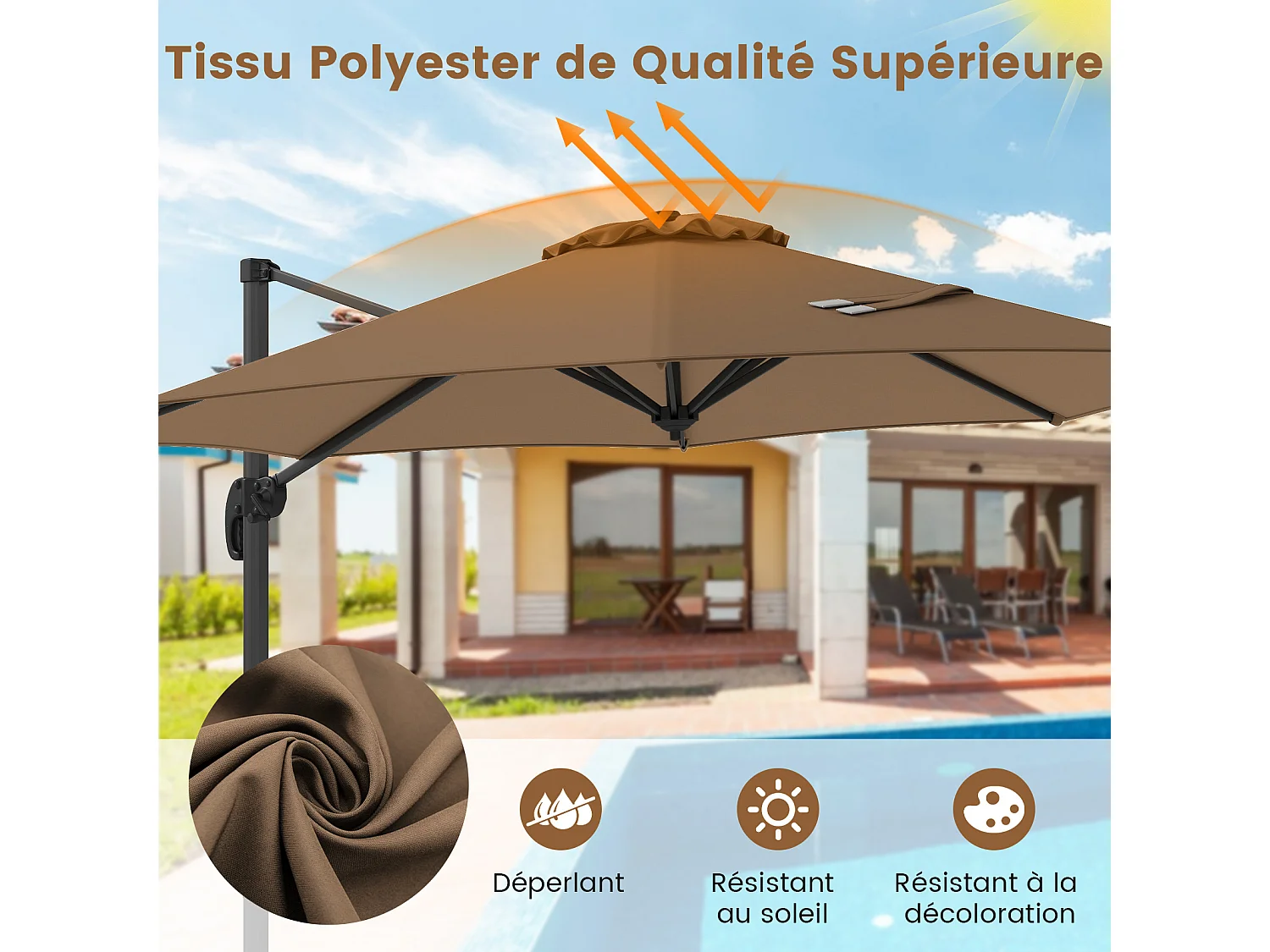 Parasol Terrasse 294x247cm, rotation 360°, base croisée, 8 baleines, manivelle, marron