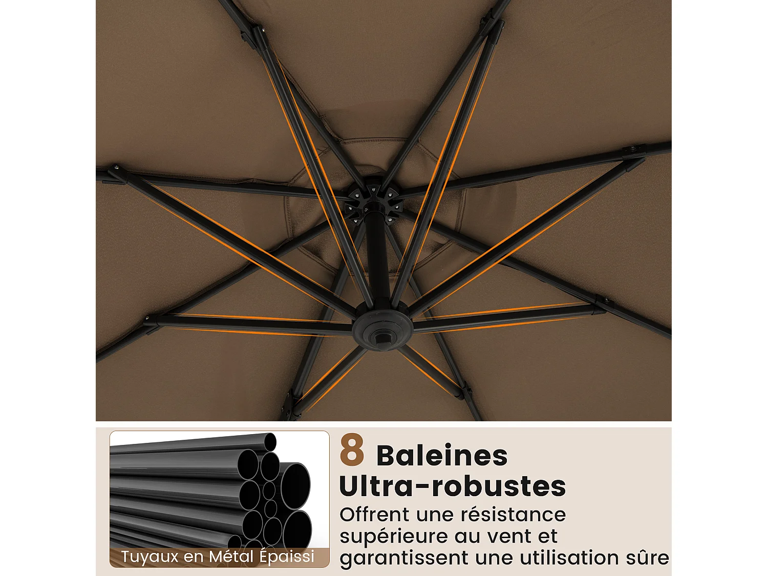 Parasol Terrasse 294x247cm, rotation 360°, base croisée, 8 baleines, manivelle, marron