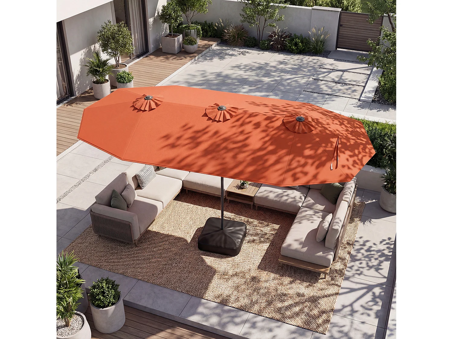 Parasol Double 396×201cm,Manivelle,Socle Robuste,Jardin Patio,Orange