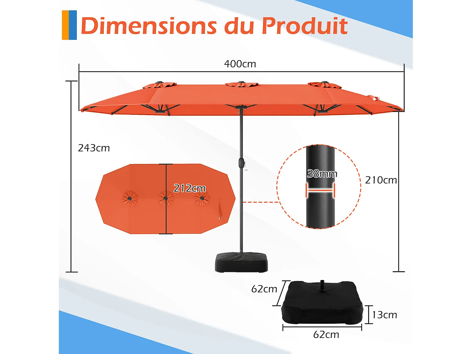 Parasol Double 396×201cm,Manivelle,Socle Robuste,Jardin Patio,Orange