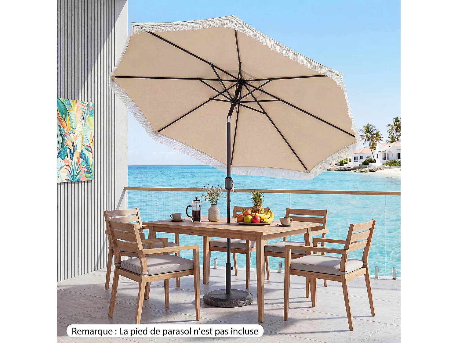 Parasol jardin 270cm, 8 baleines métal, polyester, franges, inclinable, beige